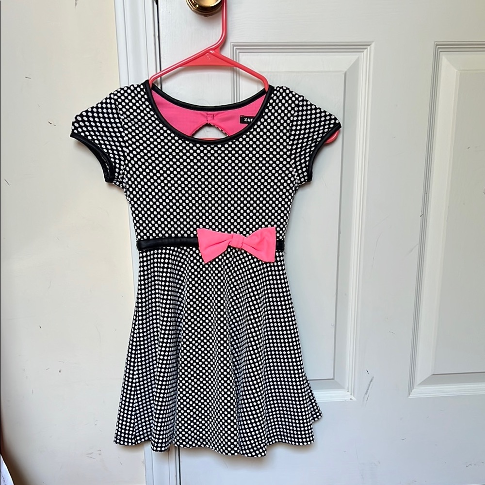 Charming Black and White Polka Dot Kids Dress with Pink Accents